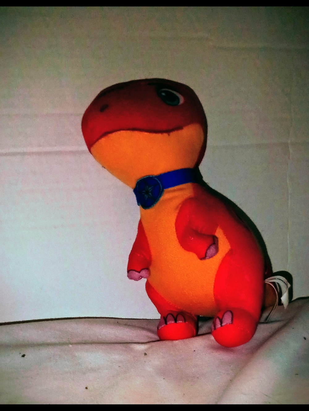 Orange & Red Plush Dinosaur Toy with Blue Collar
